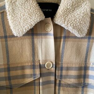 Coach Plaid Jacket with Shearling Trim - Beige & Blue
